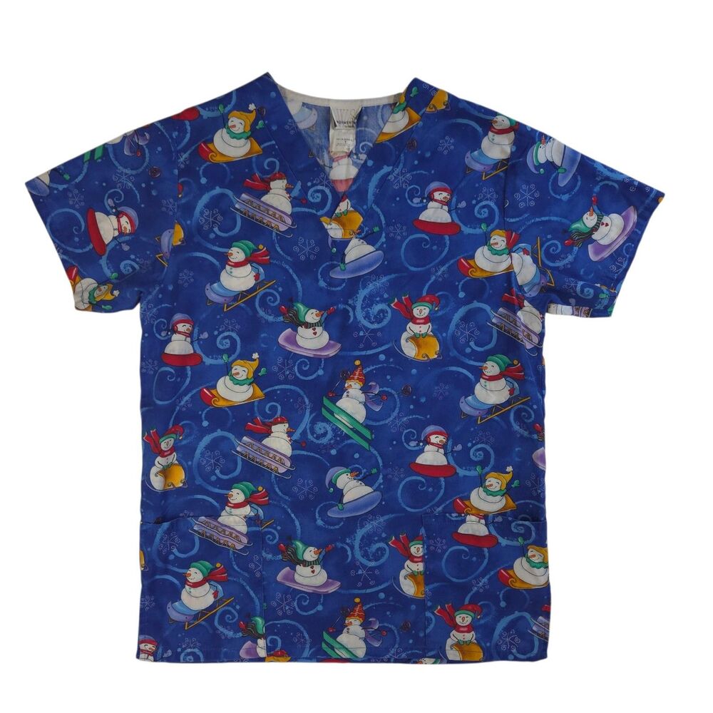 Sledding Snowman Blue Scrub Top Womens Small S/S Christmas Holiday Fundamentals